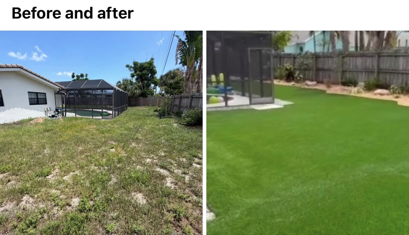 Before and after Astroturf and Hardscape installation